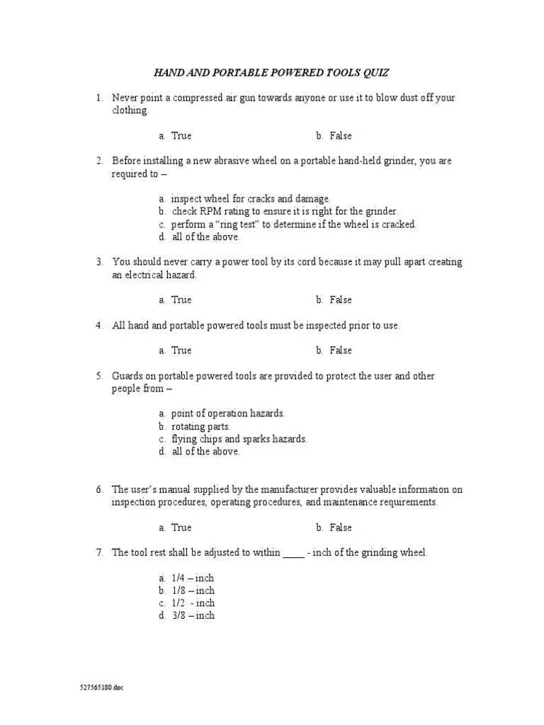 Hand and Portable Powered Tools Quiz PDF Grinding (Abrasive Cutting