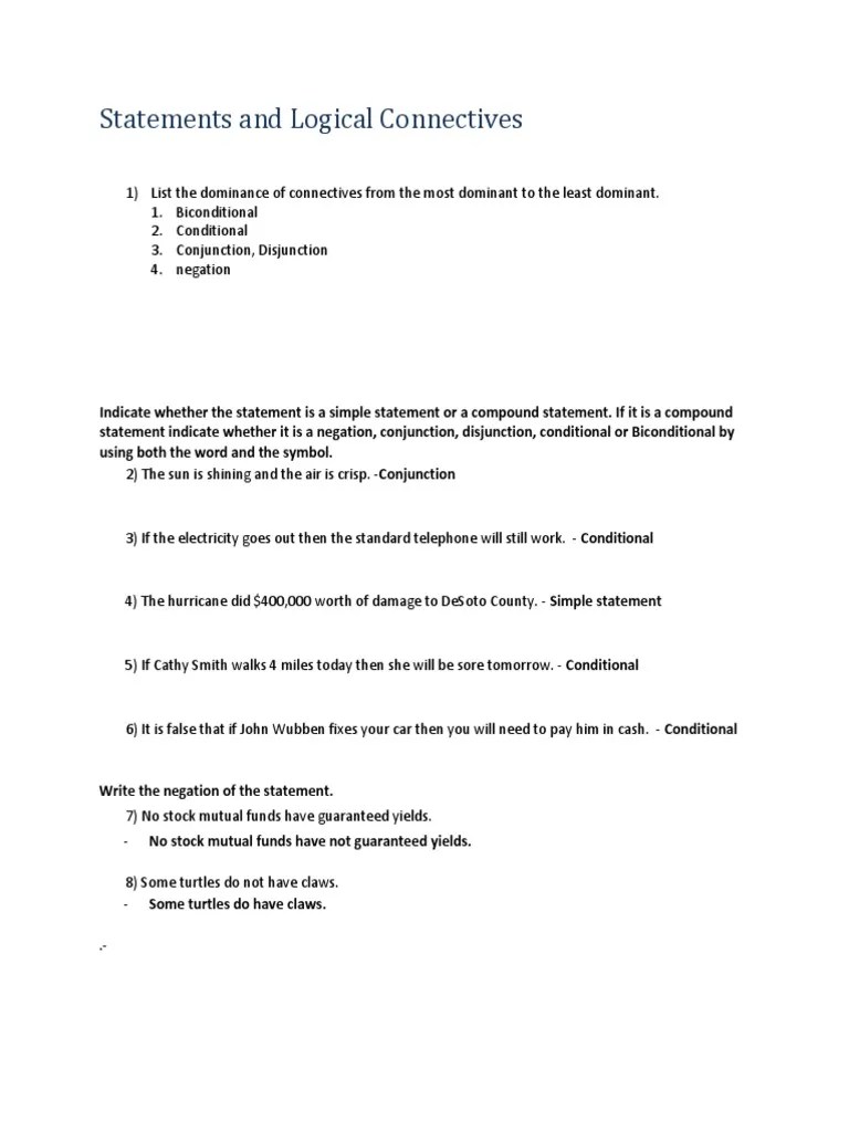 Statements and Logical Connectives Worksheet PDF Logic Mathematical Logic