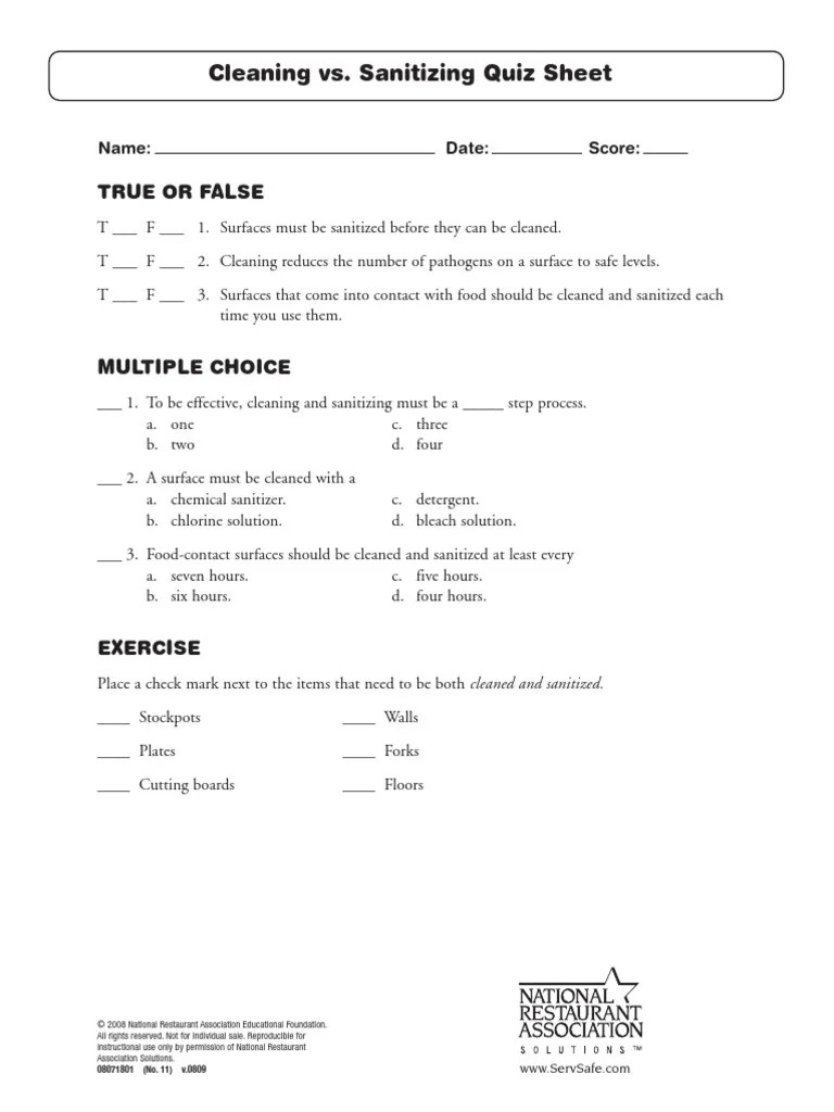 Cleaning vs. Sanitizing Quiz Sheet True or False PDF Disinfectant Multiple Choice