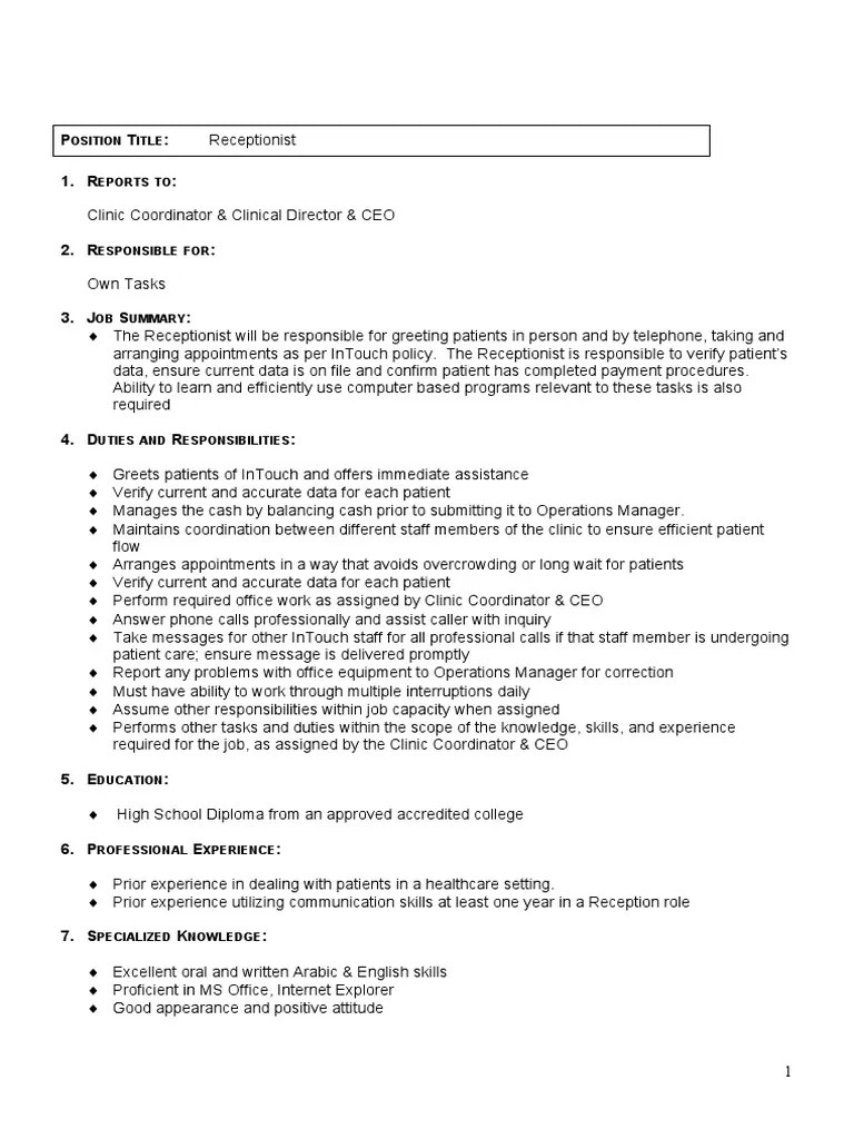 Receptionist Job Description PDF Patient Business