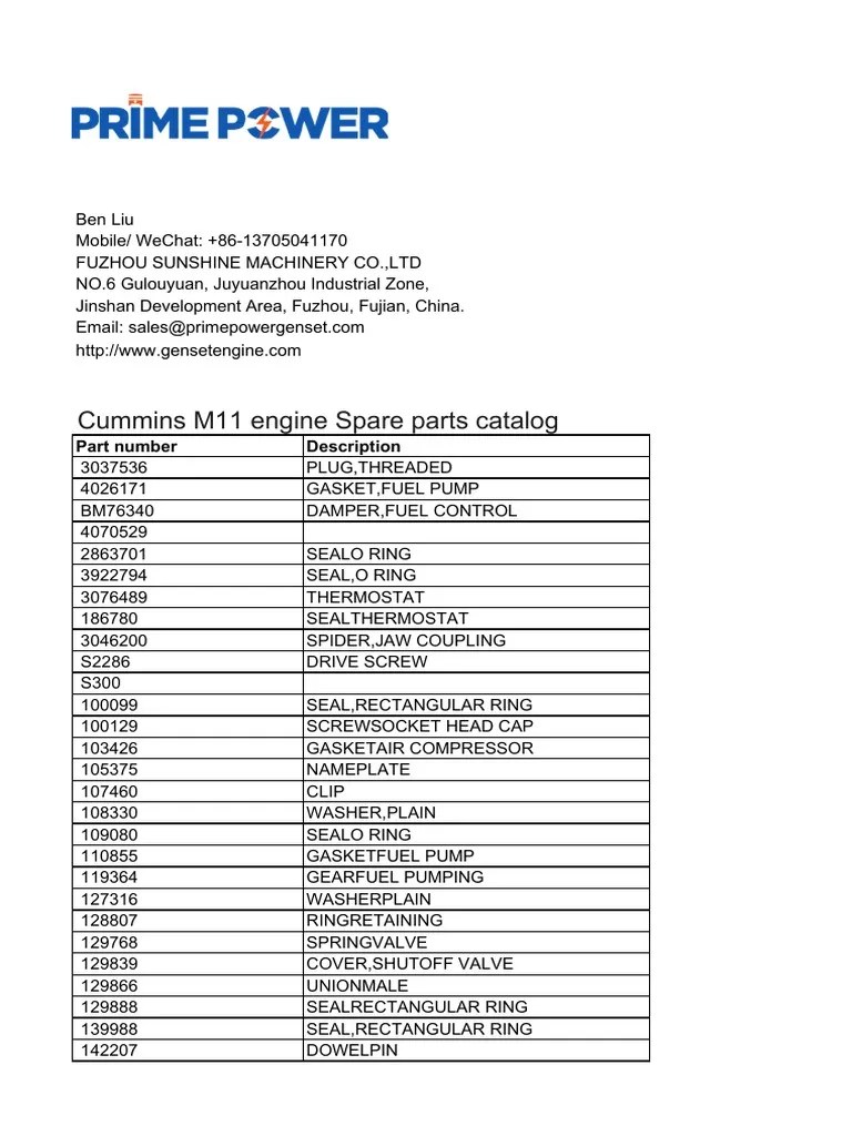 Cummins M11 Engine Spare Parts Catalog | PDF | Piston | Pump