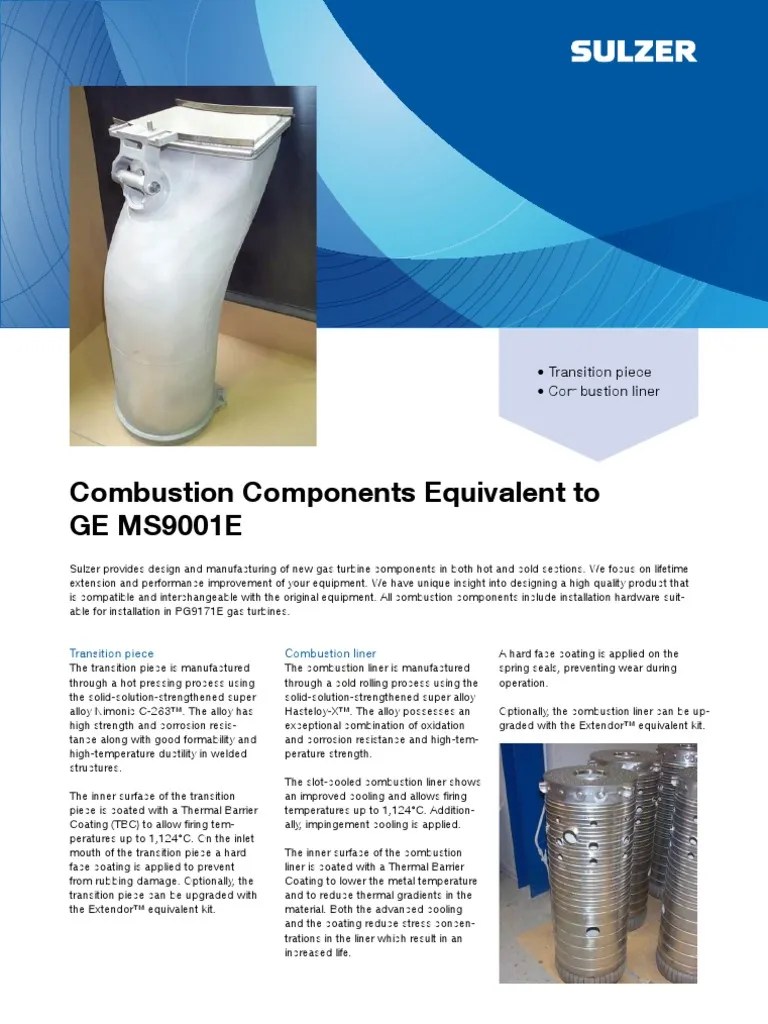 Combustion Components Equivalent To GE MS9001E Transition Piece