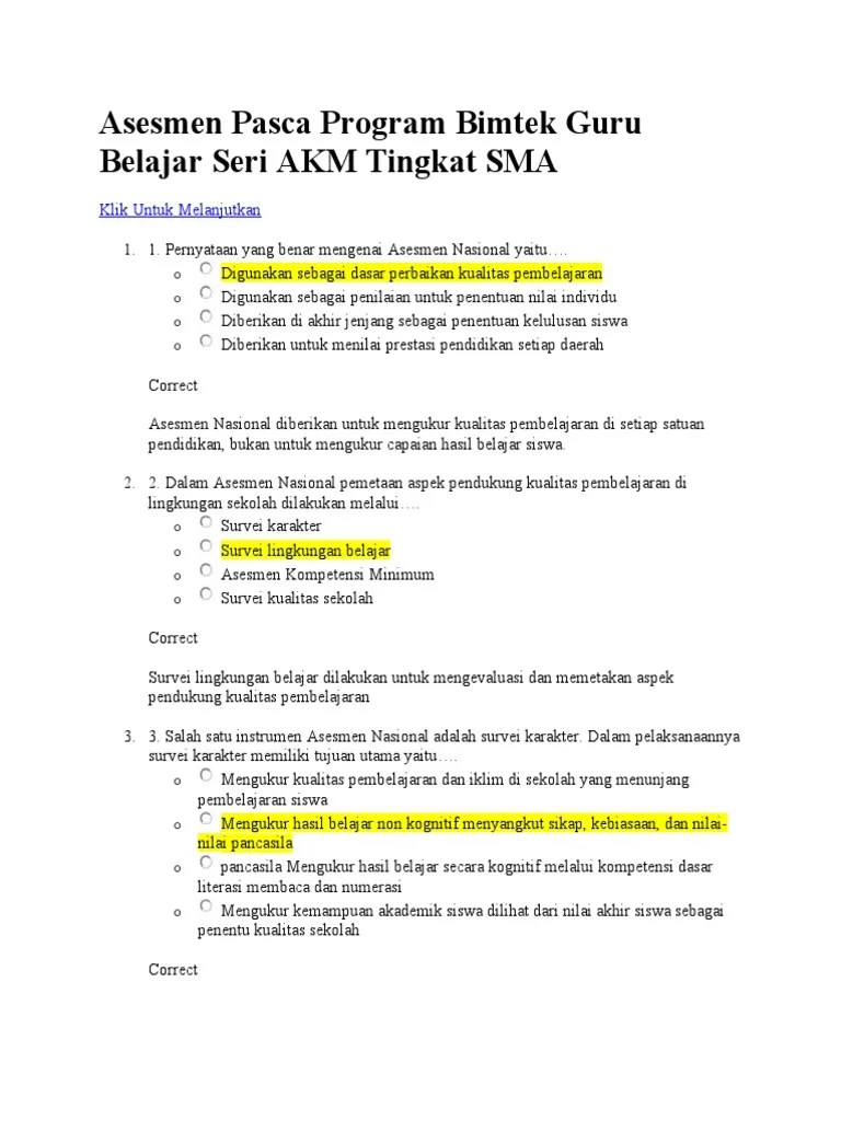 Asesmen Pasca Program Bimtek Guru Belajar Seri AKM Tingkat SMA | PDF