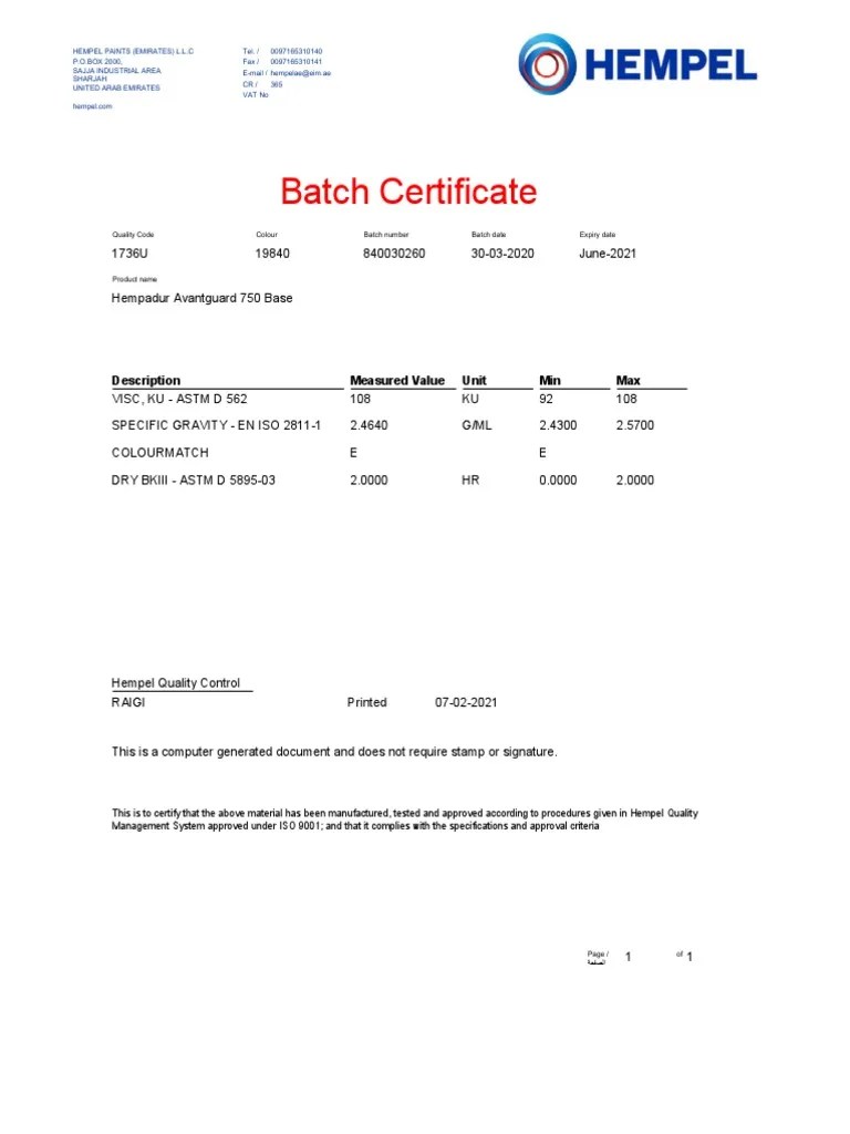 Paint Batch Certificate PDF