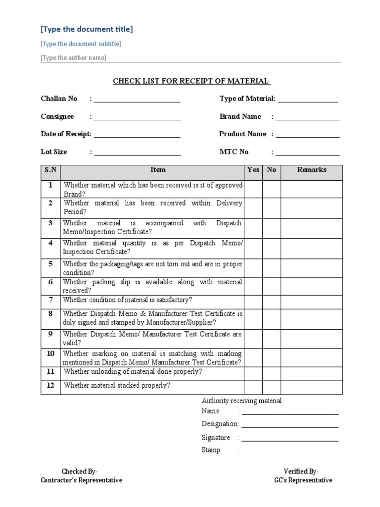 Checklist For Receipt of Material PDF