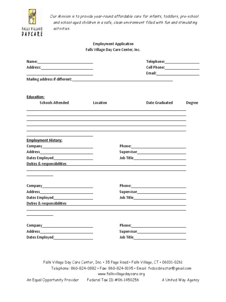 Employment Application PDF Child Care Relationships