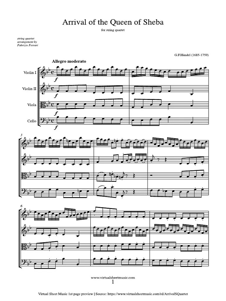 Handel Arrival of The Queen of Sheba Sheet Music For String Quartet PDF