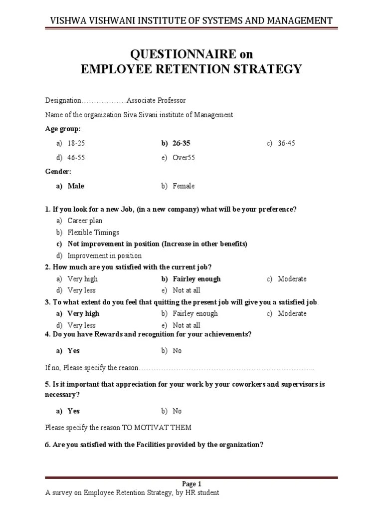 EMPLOYEE RETENTION STRATEGY Questionnaire PDF