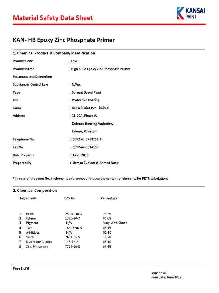 Material Safety Data Sheet KANHB Epoxy Zinc Phosphate, 51 OFF