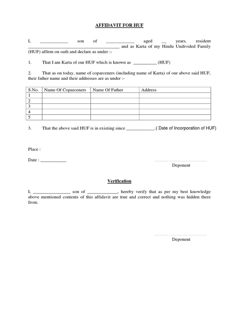 Affidavit For Huf Format PDF