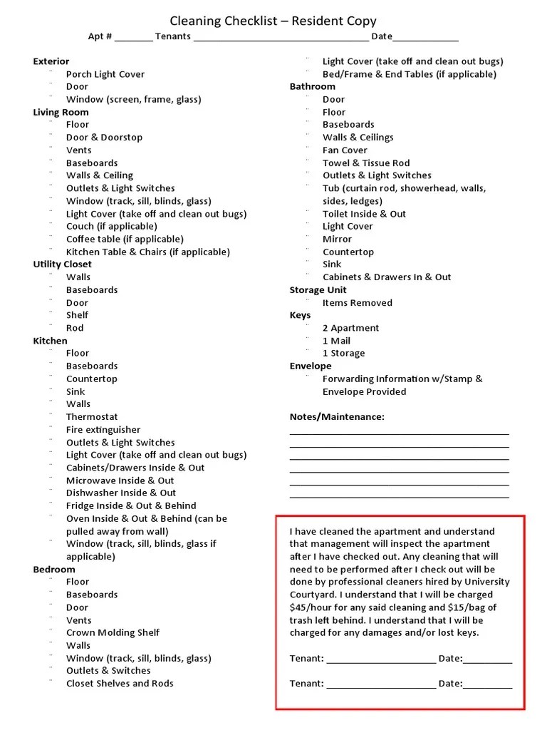 Resident Move Out Self Checkout Inspection Checklist 2020 Version PDF