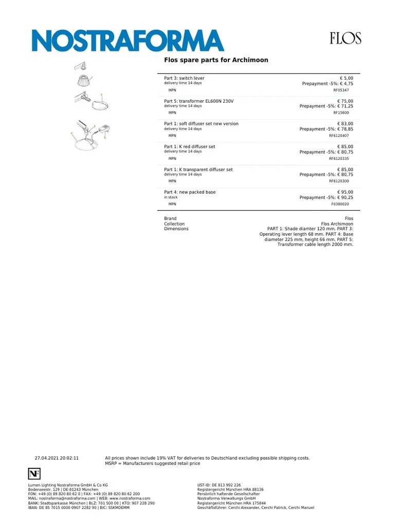 Flos Spare Parts For Archimoon | PDF | Pricing | Business