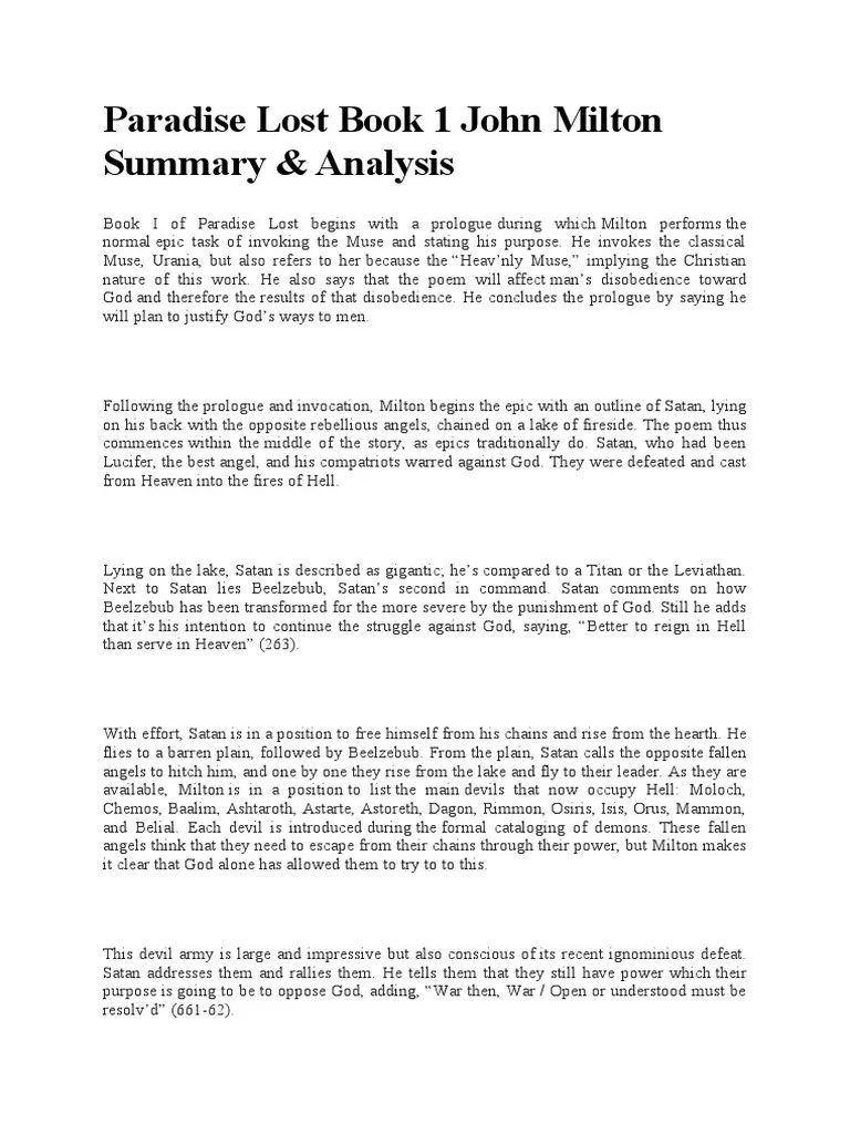 Paradise Lost Book 1 John Milton Summary PDF Paradise Lost Satan