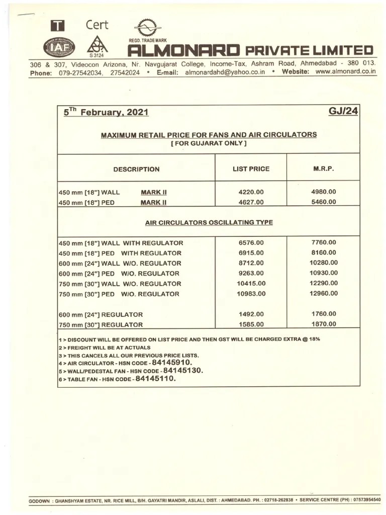 Almonard Fan Price List 2021 PDF Download PDF
