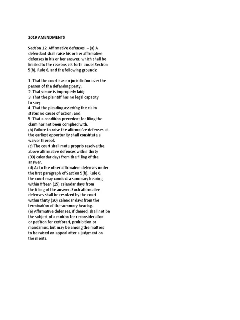 2019 Revised Rules On Civil Procedure PDF Affirmative Defense