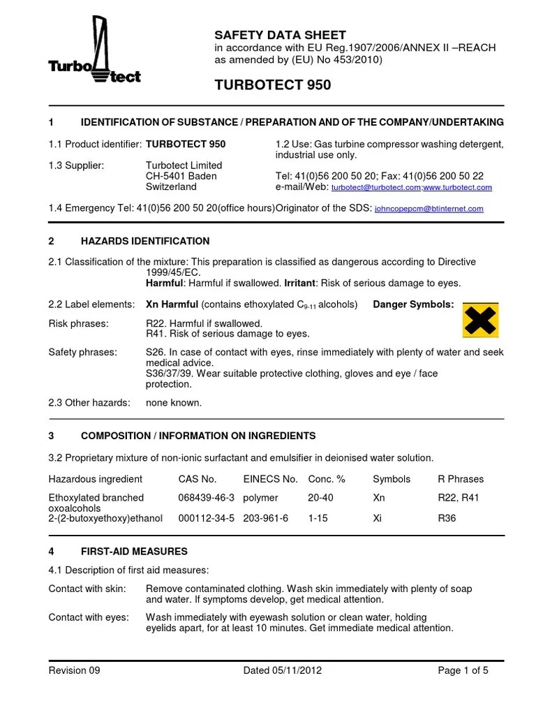 Turbotect 950 Safety Data Sheet PDF Toxicity Firefighting