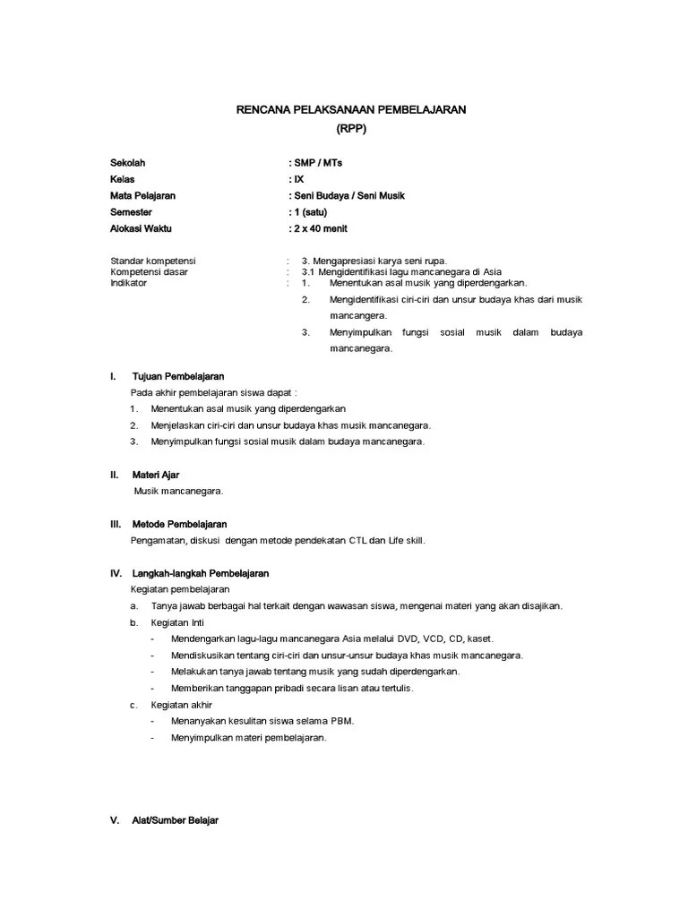 RPP Seni Musik Klas 9 | PDF