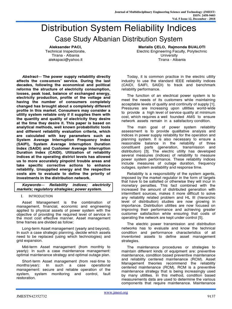 Distribution System Reliability Indices PDF Reliability Engineering