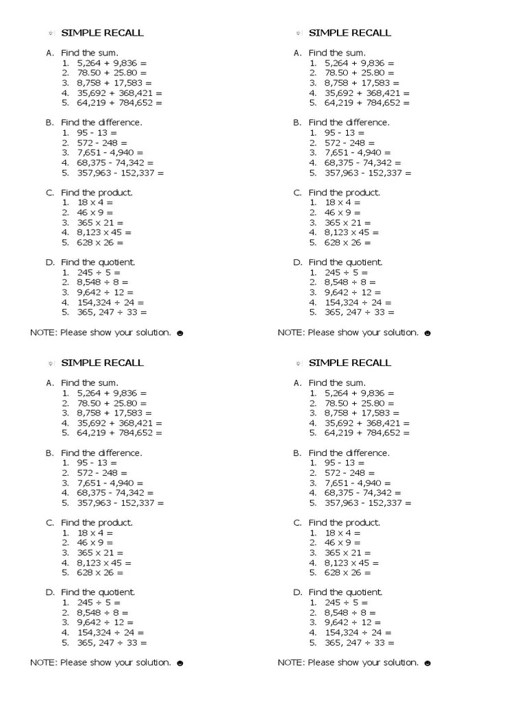 Simple Recall Math PDF Algebra Teaching Mathematics