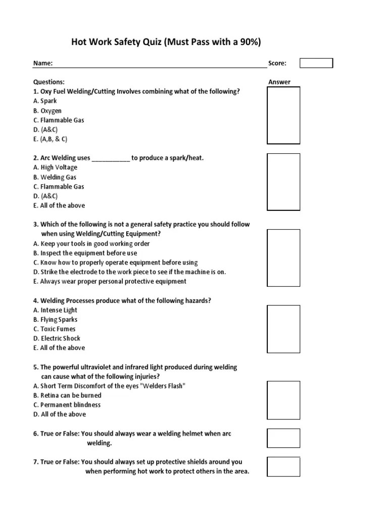 Hot Work Safety Quiz (Must Pass With A 90) PDF