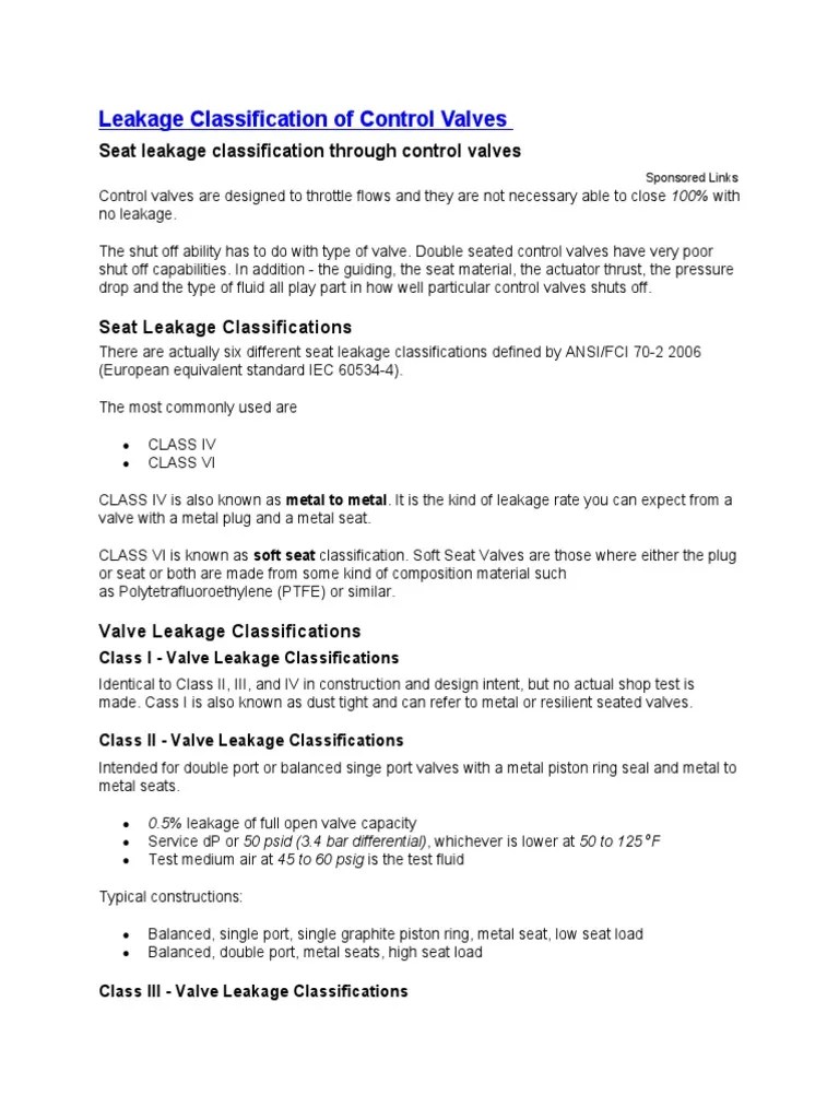 Leakage Classification of Control Valves PDF Pounds Per Square Inch