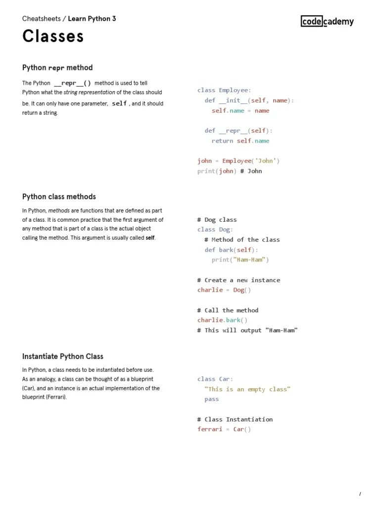 Learn Python 3 Classes Cheatsheet Codecademy PDF Inheritance