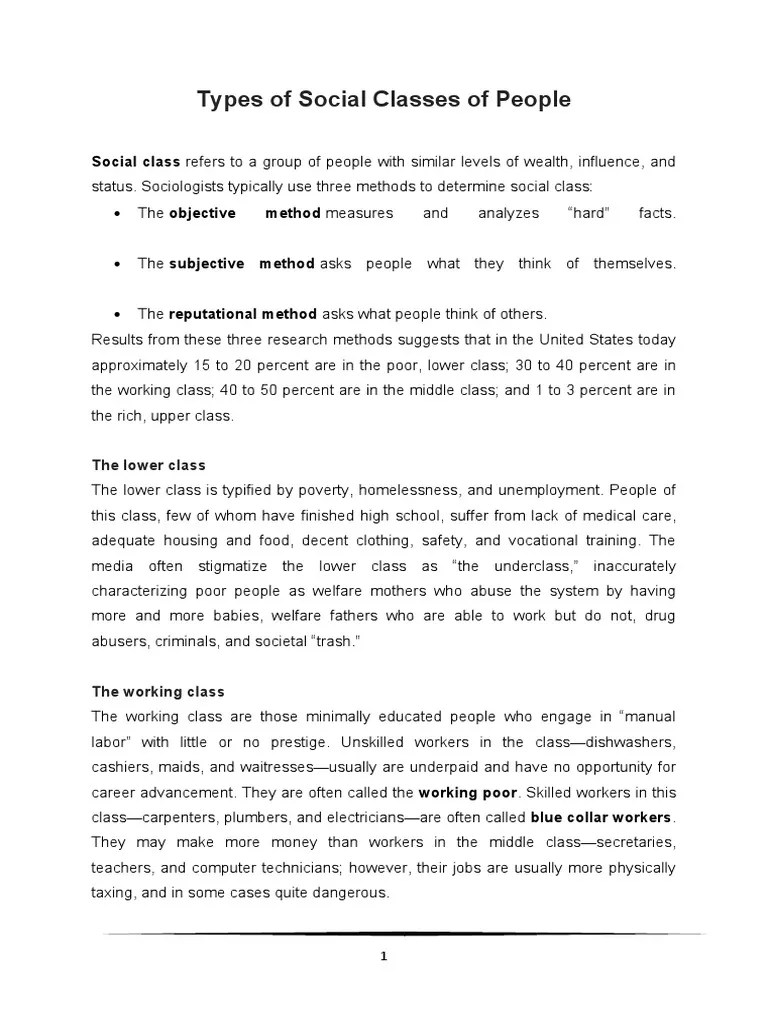 Types of Social Classes of People PDF Wealth Middle Class