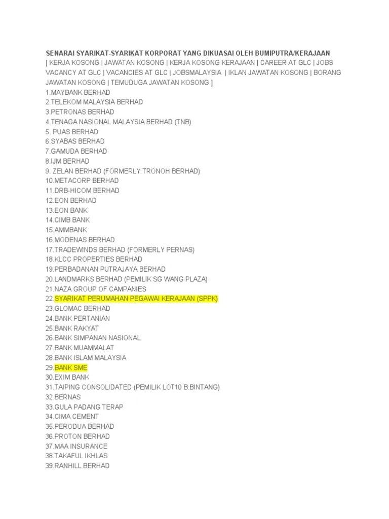 Senarai Syarikat GLC Di Malaysia PDF Companies Malaysia