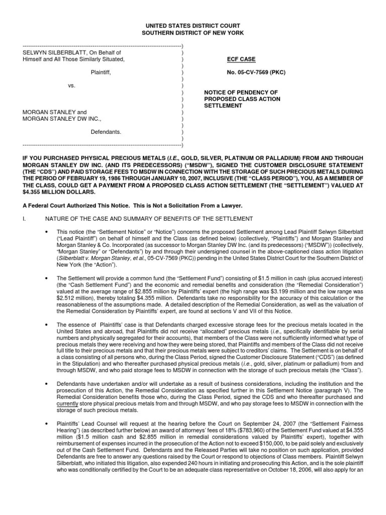 Stanley Class Action Settlement Notice Summarizing Case Class