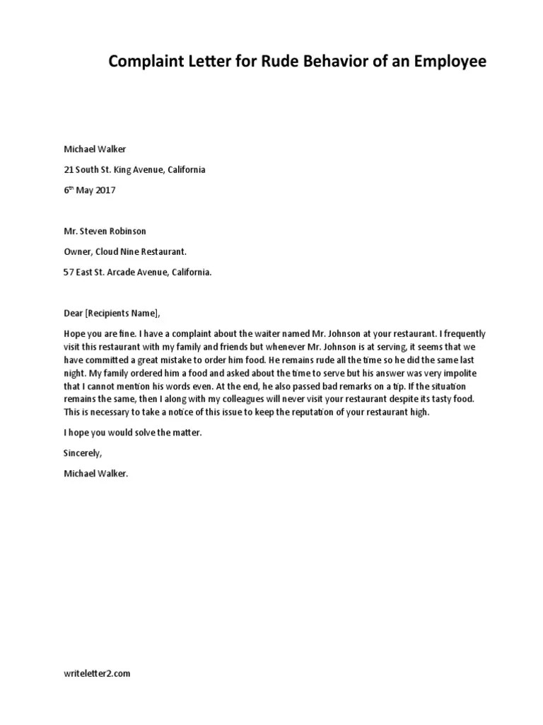 Complaint Letter For Rude Behavior of An Employee PDF