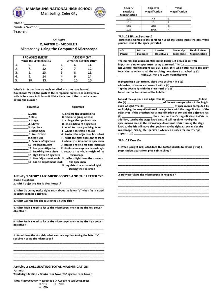 Grade 7 Answer Sheet Q2M2 PDF Microscope Glass Applications