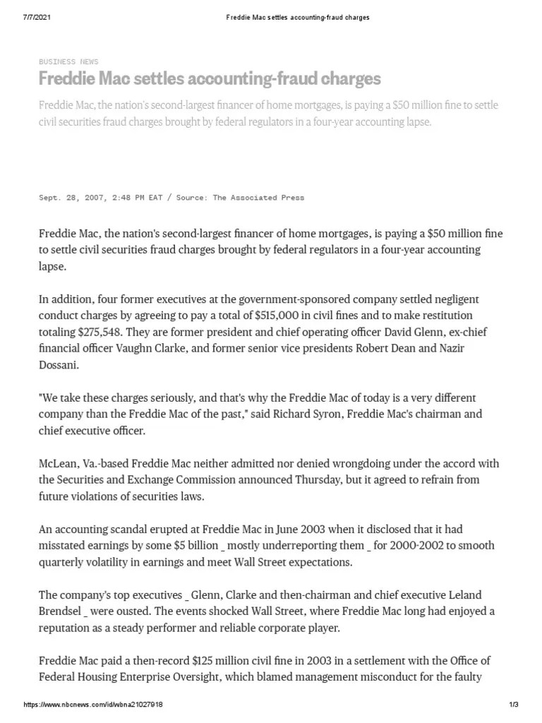 Freddie Mac Settles AccountingFraud Charges PDF Fannie Mae