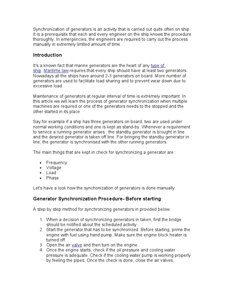 Synchronization of Generators PDF Electric Generator Ships