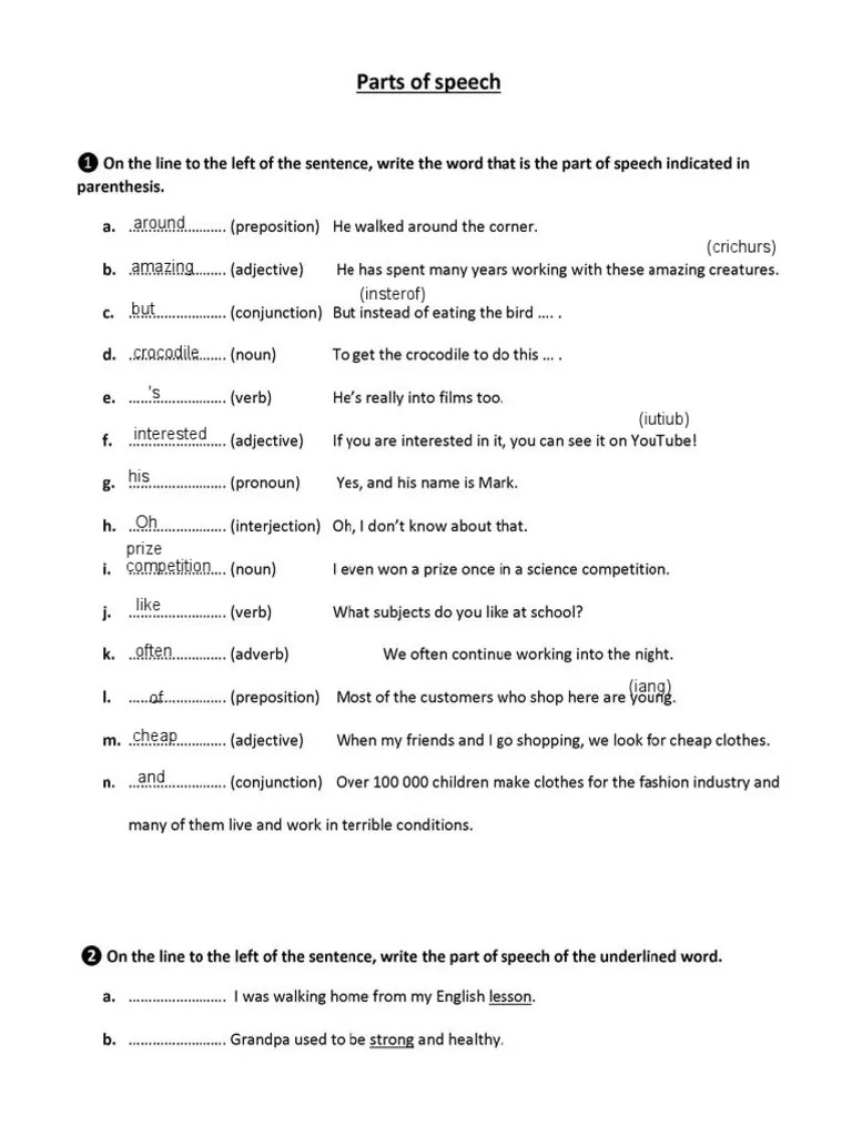 Parts of Speech Exercise PDF