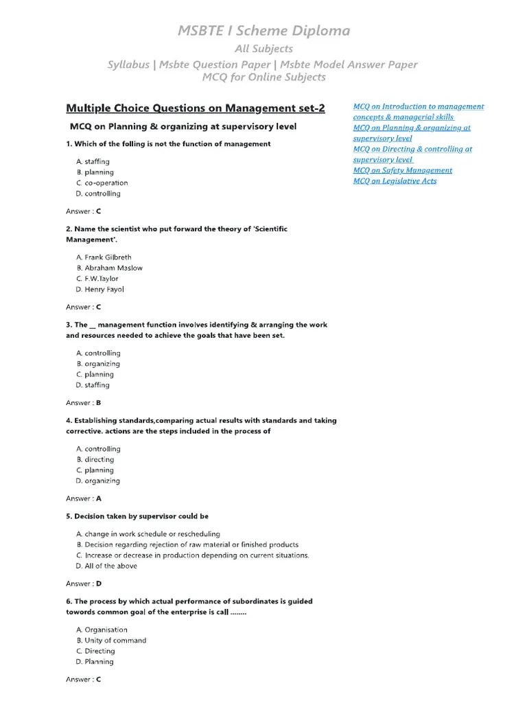 MCQ On Planning & Organizing at Supervisory Level PDF