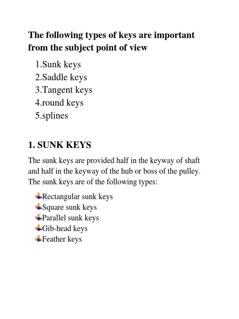 1.sunk Keys 2.saddle Keys 3.tangent Keys 4.round Keys 5.splines PDF