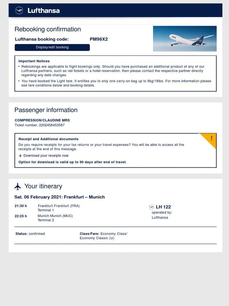 Rebooking Confirmation Lufthansa Booking Code PM98X2 PDF Baggage