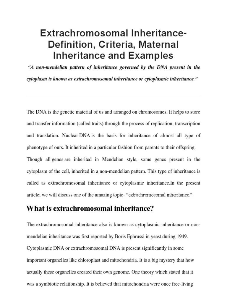 Extrachromosomal InheritanceDefinition, Criteria, Maternal Inheritance and Examples PDF
