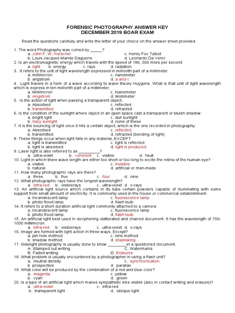 Forensic Photography Answer Key December 2019 Boar Exam: John F. W