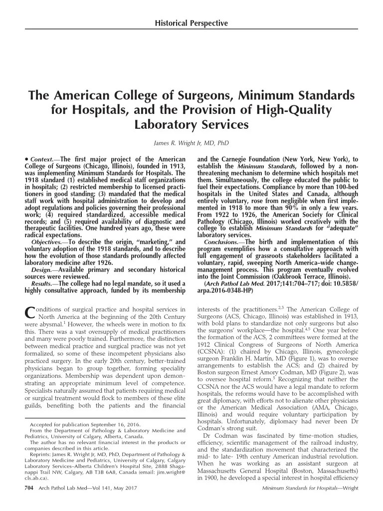 The American College of Surgeons, Minimum Standards For Hospitals, and
