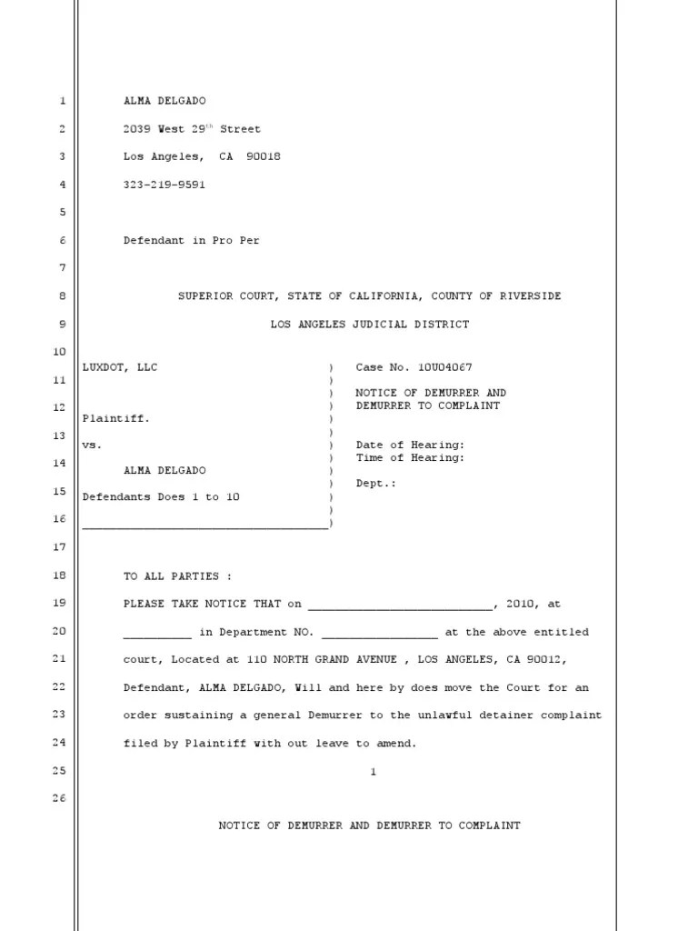 Demurrer Sample PDF Demurrer Eviction