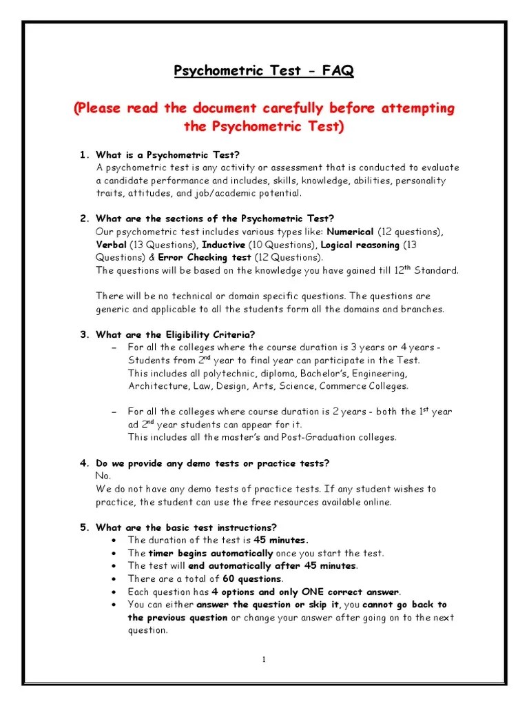 Psychometric Test FAQ | PDF | Psychometrics | Mobile App