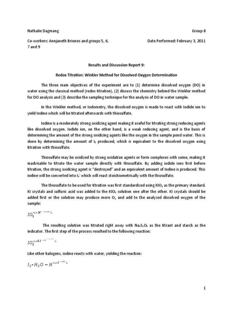 Experiment 9 Results and Discussion Report Redox Titration Winkler