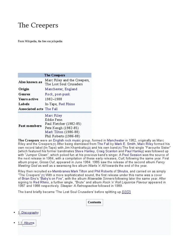 The Creepers Also Known As Origin Genres Years Active Labels Associated Acts PDF English