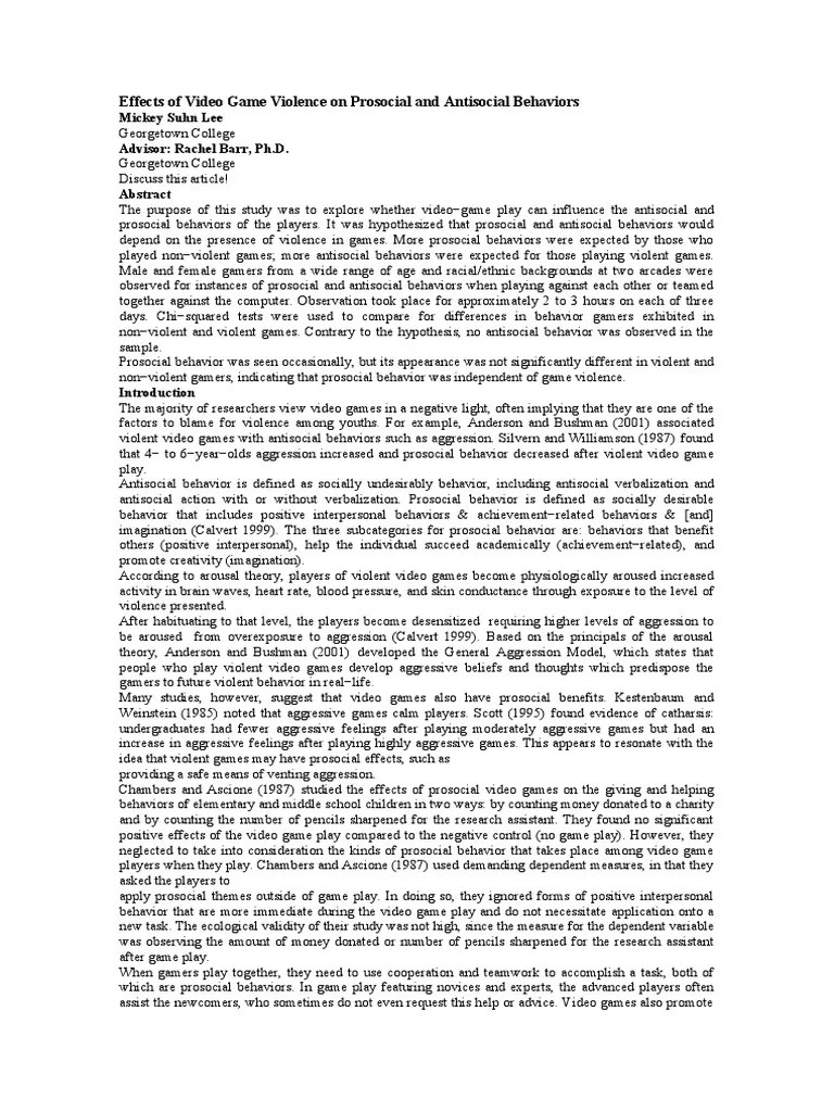 Paper Effects of Video Game Violence On Prosocial and Antisocial