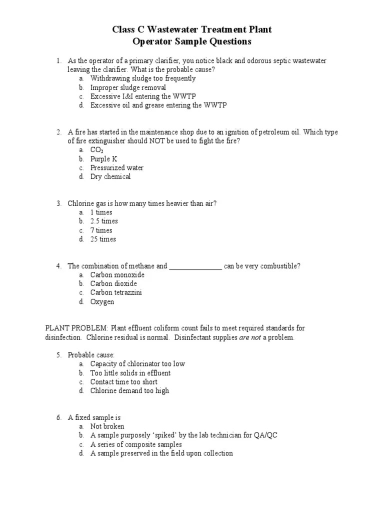 Class C Wastewater Treatment Plant Operator Sample Questions PDF