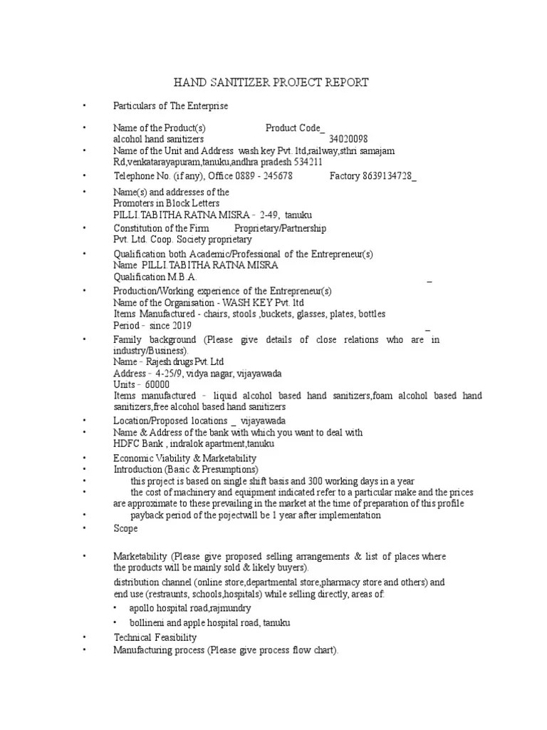 Hand Sanitizer Project Report Download Free PDF Ethanol Perfume
