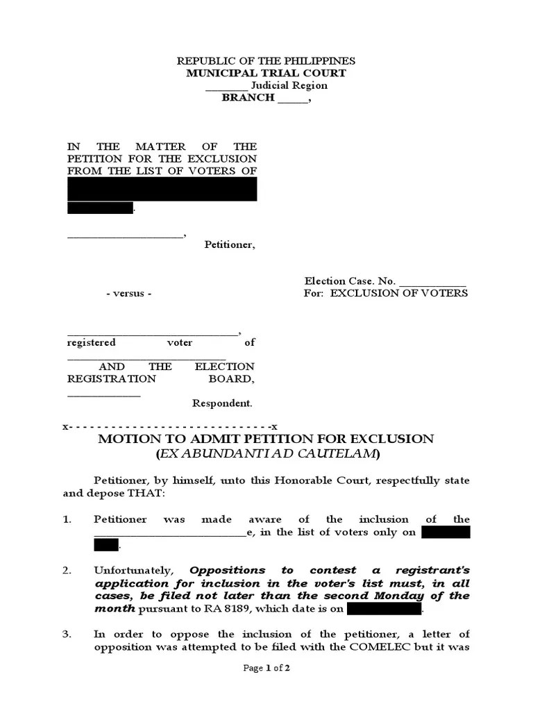 Municipal Trial Court BRANCH , Motion To Admit Petition For