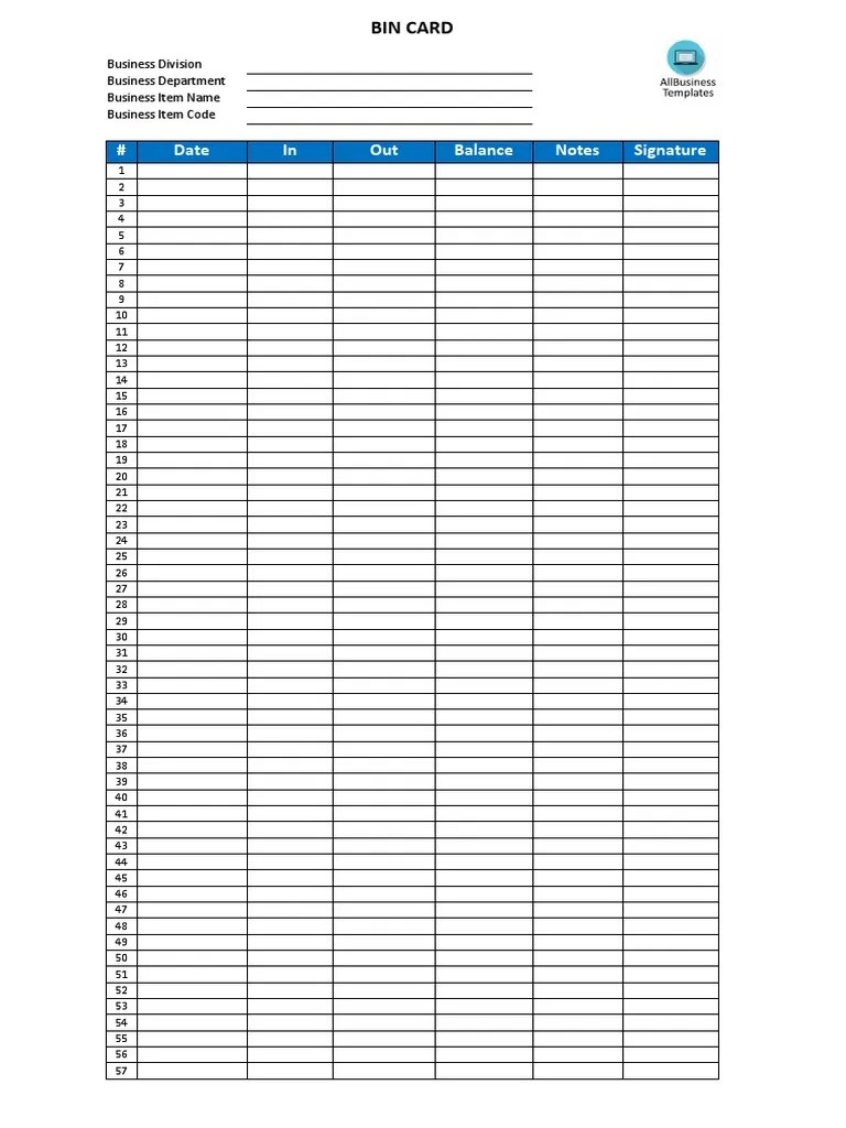 Bin Card Format Excel PDF