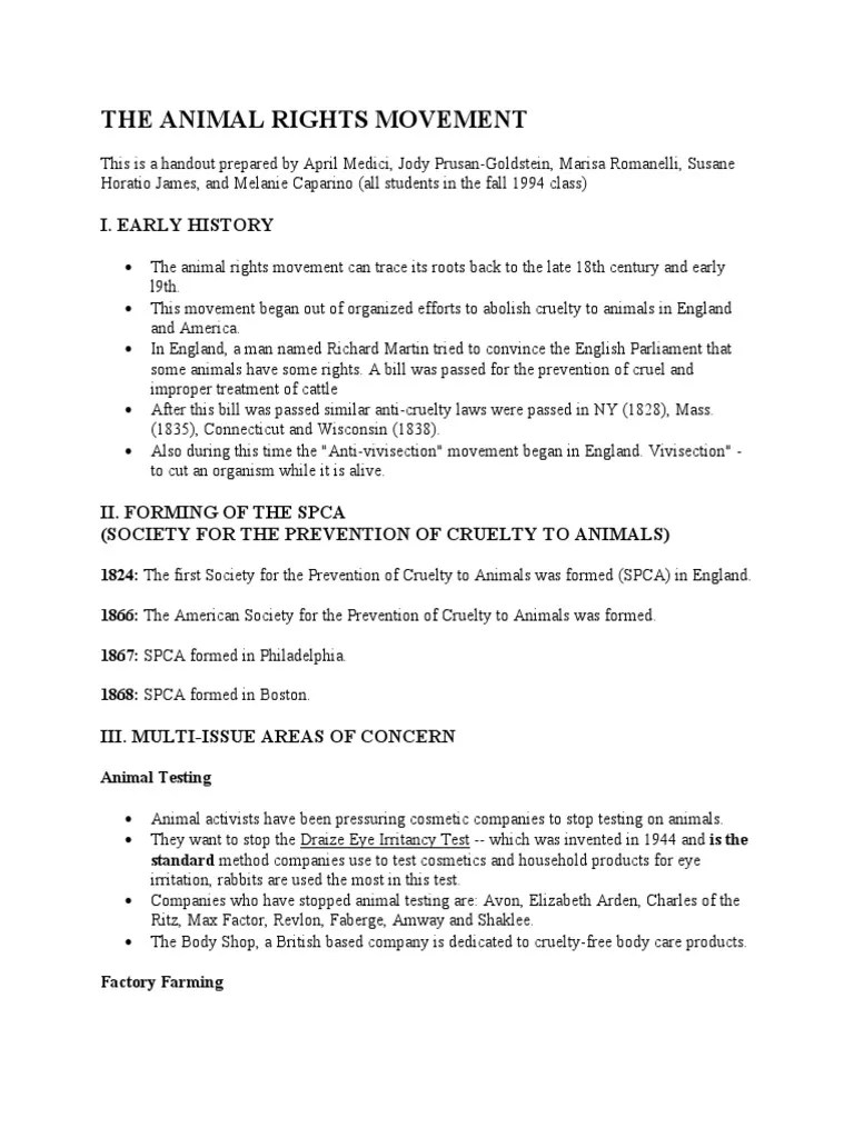 The Animal Rights Movement I. Early History PDF Animal Rights Rights